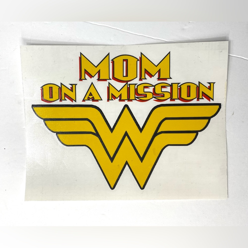 Mom on a mission vinyl decal with Wonder Woman logo